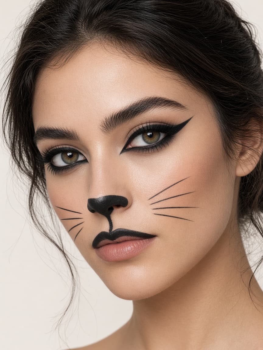 Cat face makeup with winged liner, nose detail, and whiskers